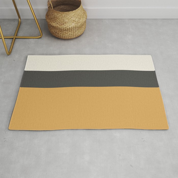 Minimalist Color Block Triple in Muted Mustard Gold, Charcoal, and Cream Beige Rug Gallery Image 1