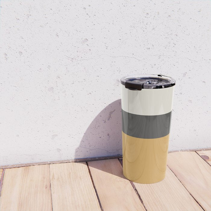 Minimalist Color Block Triple in Muted Mustard Gold, Charcoal, and Cream Beige Travel Mug Gallery Image 4