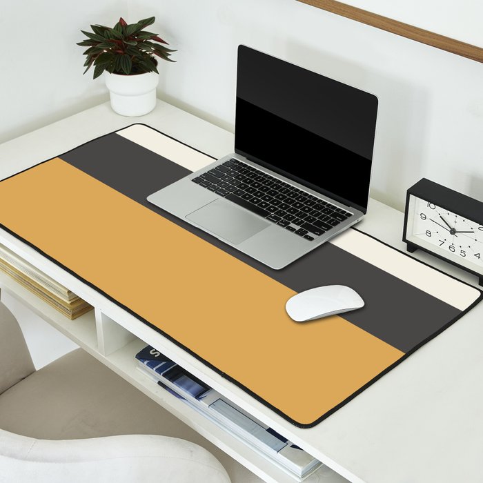 Minimalist Color Block Triple in Muted Mustard Gold, Charcoal, and Cream Beige Desk Mat Gallery Image 2