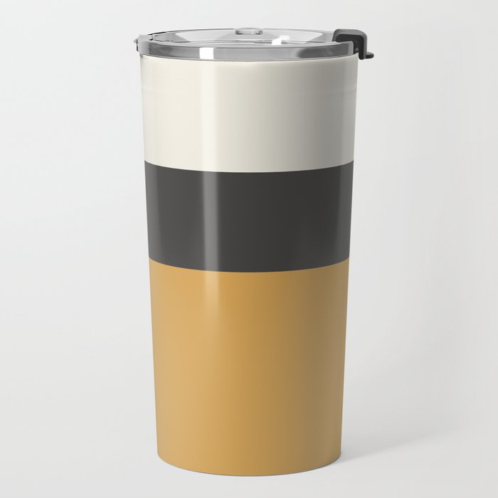 Minimalist Color Block Triple in Muted Mustard Gold, Charcoal, and Cream Beige Travel Mug Gallery Image 2
