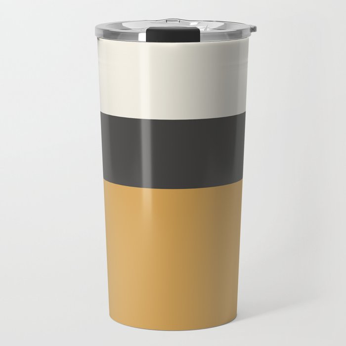 Minimalist Color Block Triple in Muted Mustard Gold, Charcoal, and Cream Beige Travel Mug Gallery Image 1