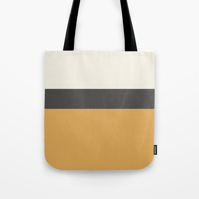 Minimalist Color Block Triple in Muted Mustard Gold, Charcoal, and Cream Beige Tote Bag Gallery Image 1