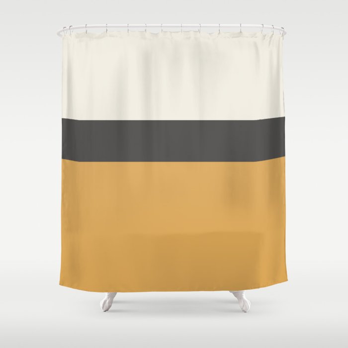 Minimalist Color Block Triple in Muted Mustard Gold, Charcoal, and Cream Beige Shower Curtain Gallery Image 1