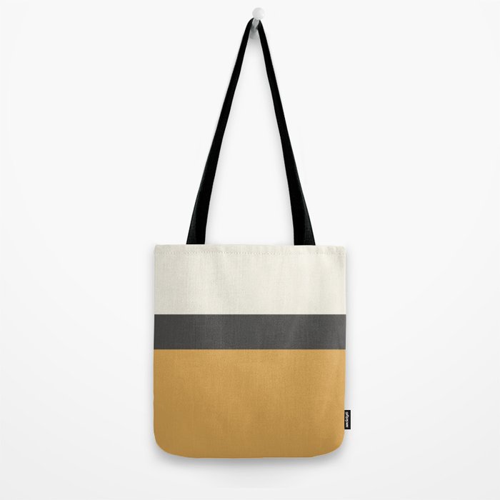 Minimalist Color Block Triple in Muted Mustard Gold, Charcoal, and Cream Beige Tote Bag Gallery Image 2