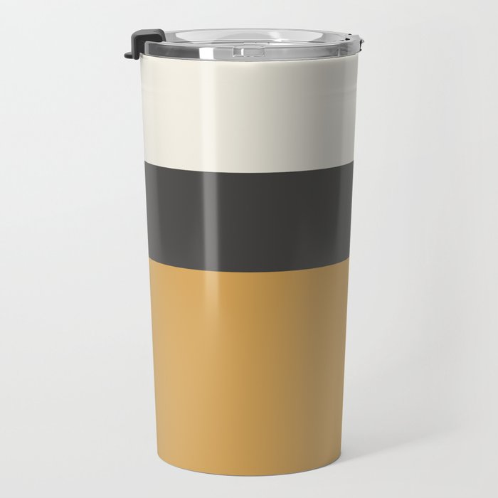 Minimalist Color Block Triple in Muted Mustard Gold, Charcoal, and Cream Beige Travel Mug Gallery Image 3
