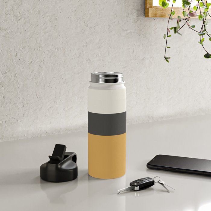 Minimalist Color Block Triple in Muted Mustard Gold, Charcoal, and Cream Beige Water Bottle Gallery Image 4