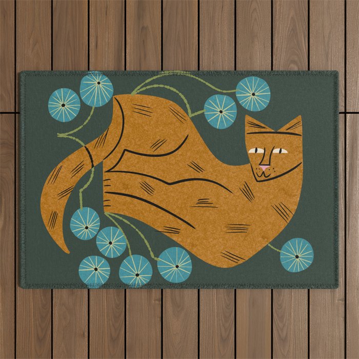Playful Tabby and Blue Flowers Outdoor Rug Gallery Image 1