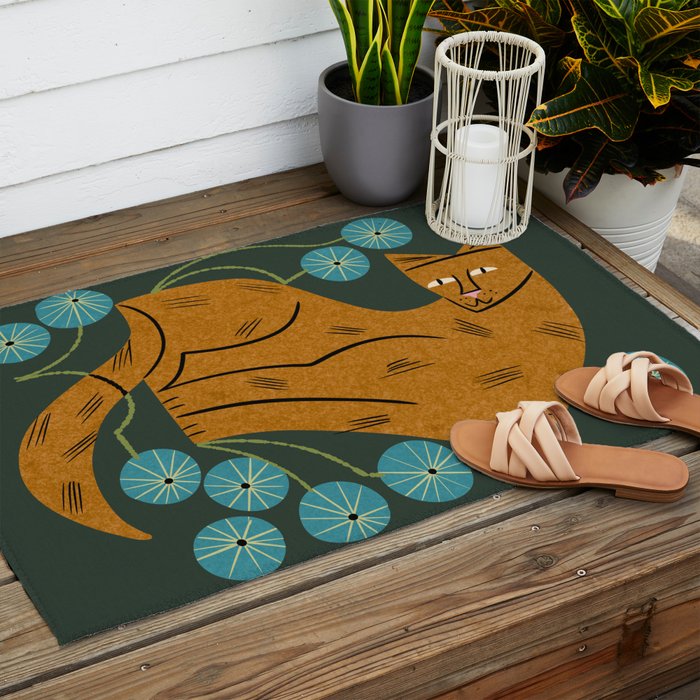 Playful Tabby and Blue Flowers Outdoor Rug Gallery Image 2