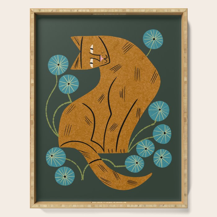 Playful Tabby and Blue Flowers Serving Tray Gallery Image 1