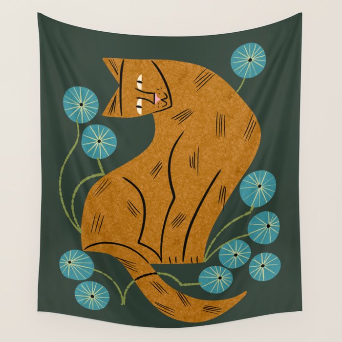 Playful Tabby and Blue Flowers Wall Tapestry Gallery Image 1