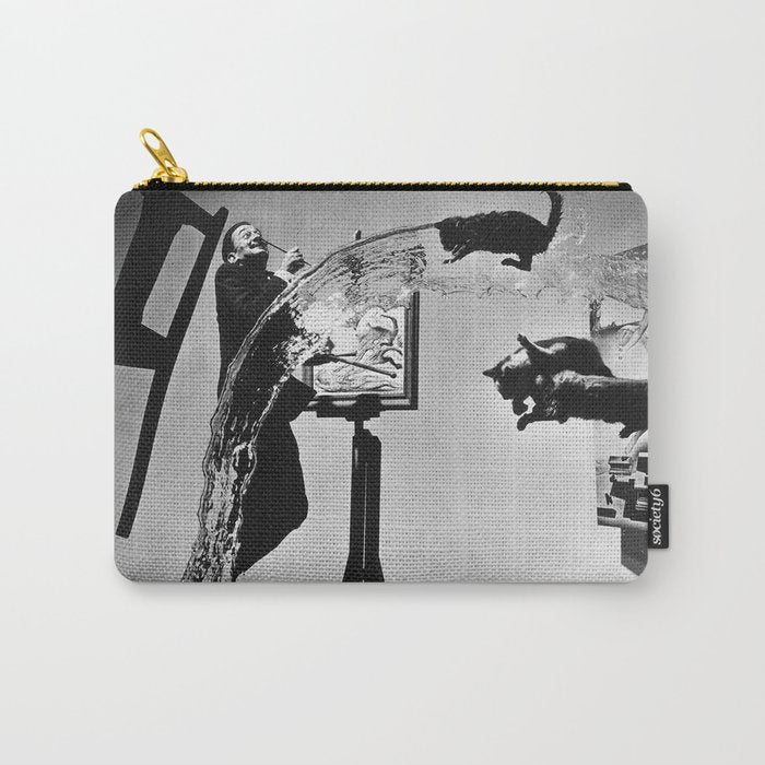Dalí Atomicus, Salvador Dali painting with flying cats and water spurts surrealism / surrealist black and white photograph / photography by Philippe Halsman Carry All Pouch Gallery Image 1