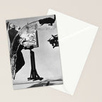 Dalí Atomicus, Salvador Dali painting with flying cats and water spurts surrealism / surrealist black and white photograph / photography by Philippe Halsman Stationery Card Gallery Image 2