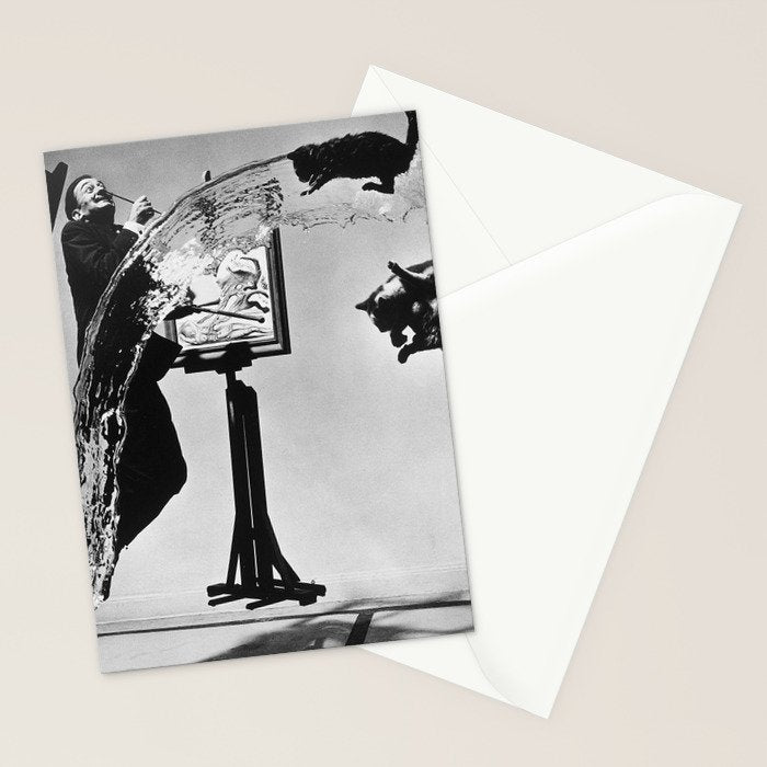 Dalí Atomicus, Salvador Dali painting with flying cats and water spurts surrealism / surrealist black and white photograph / photography by Philippe Halsman Stationery Card Gallery Image 2