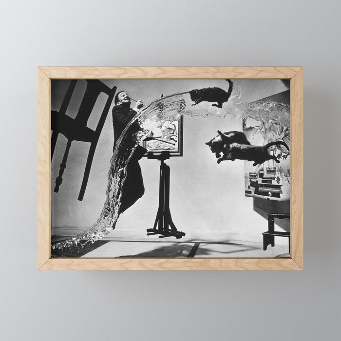 Dalí Atomicus, Salvador Dali painting with flying cats and water spurts surrealism / surrealist black and white photograph / photography by Philippe Halsman Mini Art Print Gallery Image 1