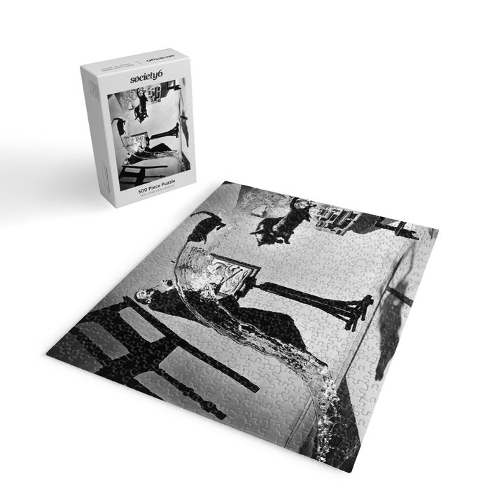 Dalí Atomicus, Salvador Dali painting with flying cats and water spurts surrealism / surrealist black and white photograph / photography by Philippe Halsman Jigsaw Puzzle Gallery Image 2