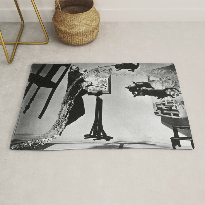 Dalí Atomicus, Salvador Dali painting with flying cats and water spurts surrealism / surrealist black and white photograph / photography by Philippe Halsman Rug Gallery Image 1