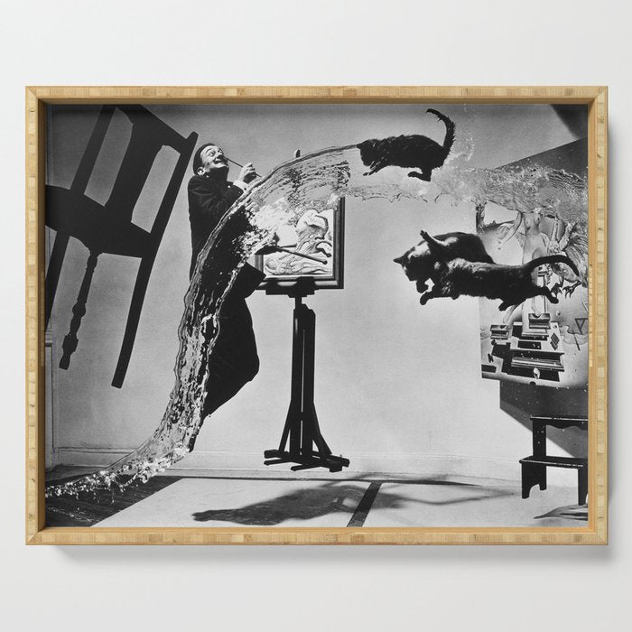 Dalí Atomicus, Salvador Dali painting with flying cats and water spurts surrealism / surrealist black and white photograph / photography by Philippe Halsman Serving Tray Gallery Image 1