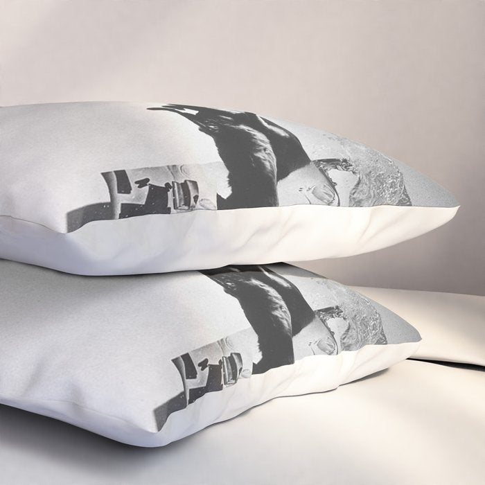 Dalí Atomicus, Salvador Dali painting with flying cats and water spurts surrealism / surrealist black and white photograph / photography by Philippe Halsman Pillow Sham Gallery Image 3