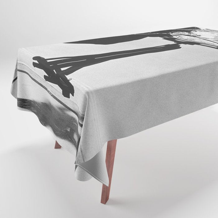 Dalí Atomicus, Salvador Dali painting with flying cats and water spurts surrealism / surrealist black and white photograph / photography by Philippe Halsman Tablecloth Gallery Image 1