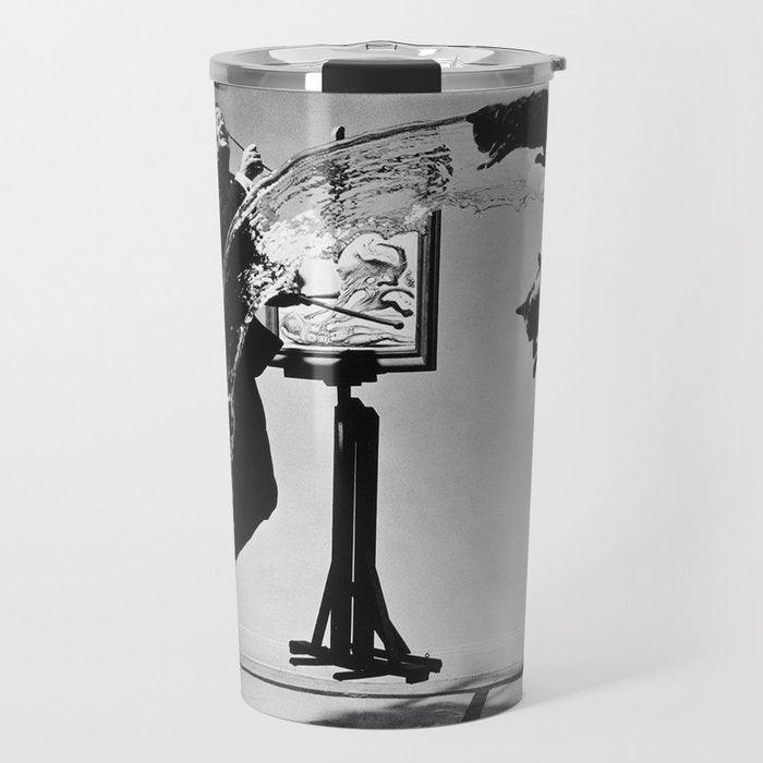 Dalí Atomicus, Salvador Dali painting with flying cats and water spurts surrealism / surrealist black and white photograph / photography by Philippe Halsman Travel Mug Gallery Image 1