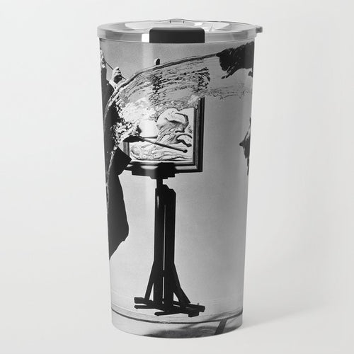 Dalí Atomicus, Salvador Dali Painting With Flying Cats And Water Spurts Surrealism / Surrealist Black And White Photograph / Photography By Philippe Halsman Travel Mug Gallery Image 1