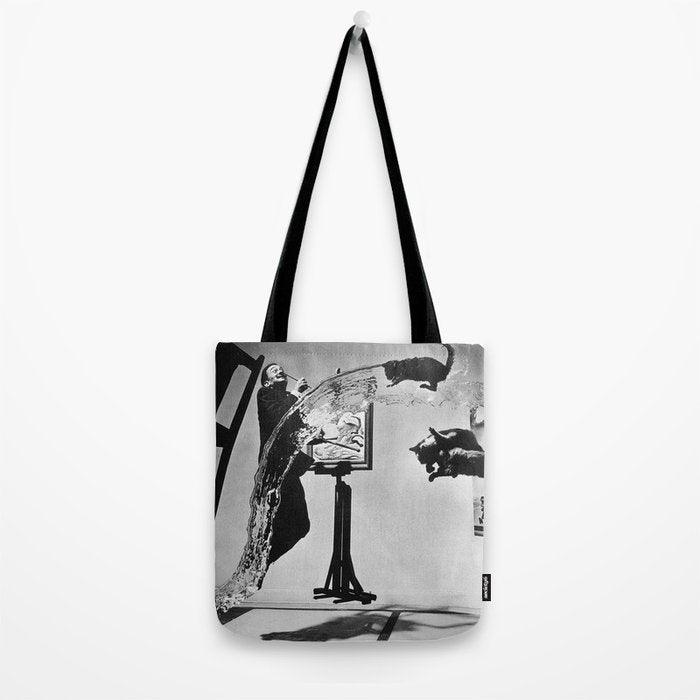 Dalí Atomicus, Salvador Dali painting with flying cats and water spurts surrealism / surrealist black and white photograph / photography by Philippe Halsman Tote Bag Gallery Image 2