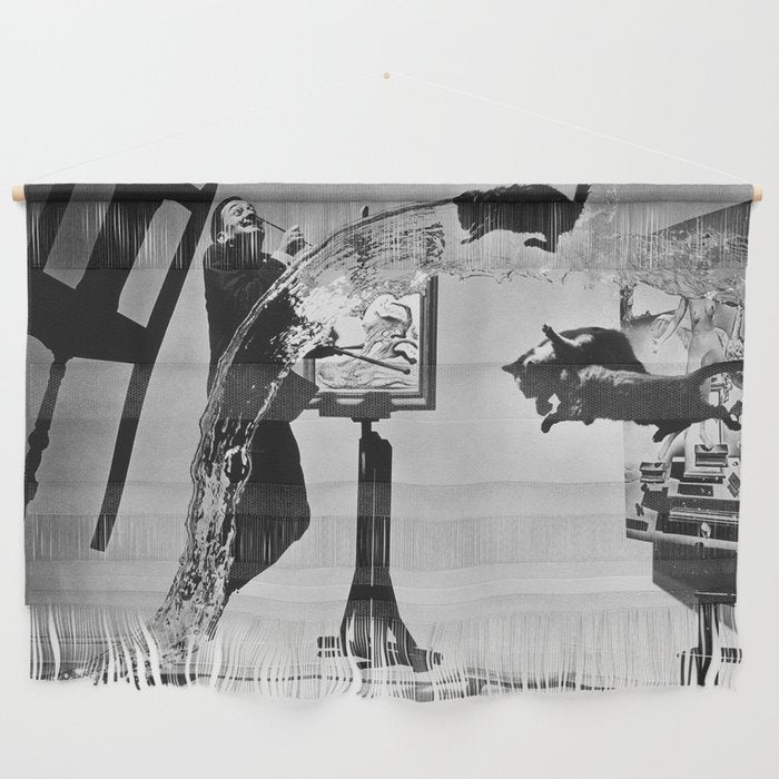 Dalí Atomicus, Salvador Dali painting with flying cats and water spurts surrealism / surrealist black and white photograph / photography by Philippe Halsman Wall Hanging Gallery Image 1