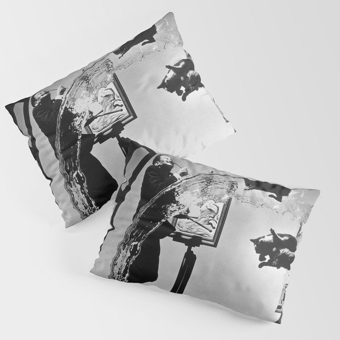 Dalí Atomicus, Salvador Dali painting with flying cats and water spurts surrealism / surrealist black and white photograph / photography by Philippe Halsman Pillow Sham Gallery Image 3