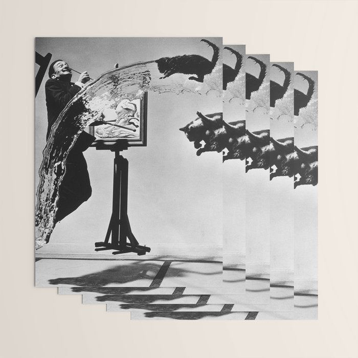 Dalí Atomicus, Salvador Dali painting with flying cats and water spurts surrealism / surrealist black and white photograph / photography by Philippe Halsman Wrapping Paper Gallery Image 3