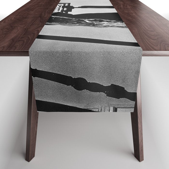 Dalí Atomicus, Salvador Dali painting with flying cats and water spurts surrealism / surrealist black and white photograph / photography by Philippe Halsman Table Runner Gallery Image 1