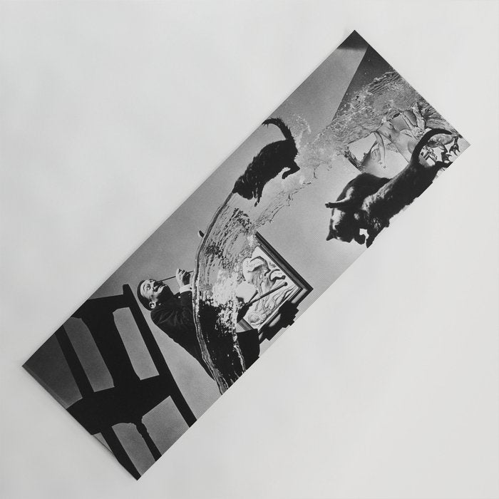 Dalí Atomicus, Salvador Dali painting with flying cats and water spurts surrealism / surrealist black and white photograph / photography by Philippe Halsman Yoga Mat Gallery Image 1