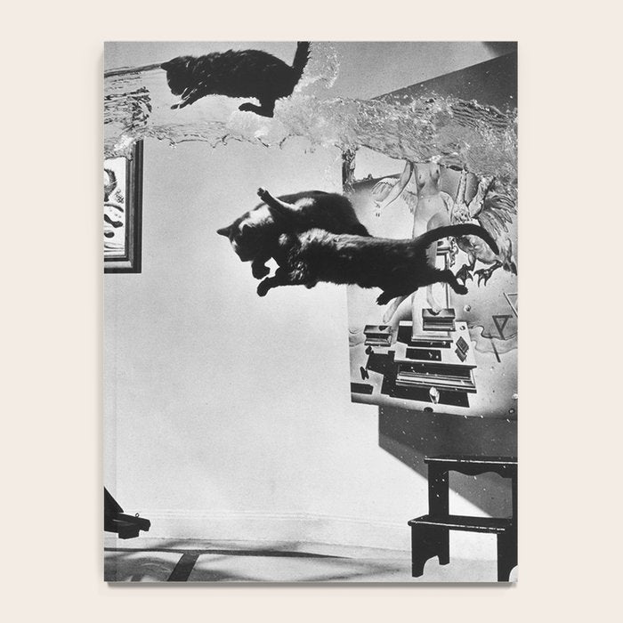 Dalí Atomicus, Salvador Dali painting with flying cats and water spurts surrealism / surrealist black and white photograph / photography by Philippe Halsman Notebook Gallery Image 4