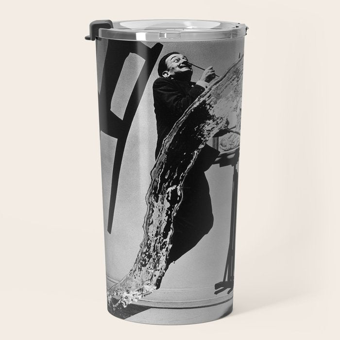 Dalí Atomicus, Salvador Dali painting with flying cats and water spurts surrealism / surrealist black and white photograph / photography by Philippe Halsman Travel Mug Gallery Image 3