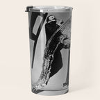 Dalí Atomicus, Salvador Dali painting with flying cats and water spurts surrealism / surrealist black and white photograph / photography by Philippe Halsman Travel Mug Gallery Image 3