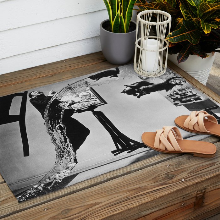 Dalí Atomicus, Salvador Dali painting with flying cats and water spurts surrealism / surrealist black and white photograph / photography by Philippe Halsman Outdoor Rug Gallery Image 2