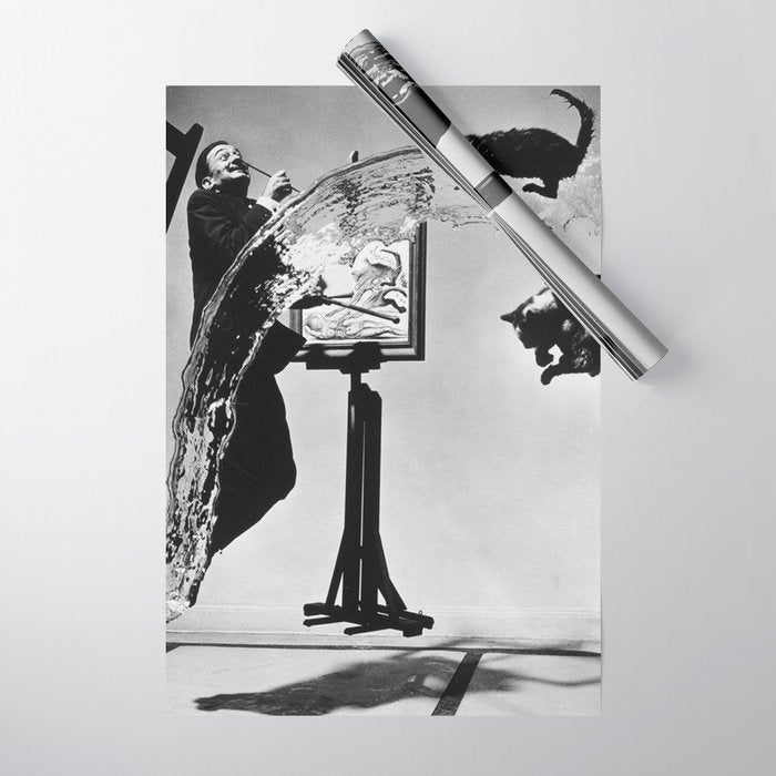 Dalí Atomicus, Salvador Dali painting with flying cats and water spurts surrealism / surrealist black and white photograph / photography by Philippe Halsman Wrapping Paper Gallery Image 1