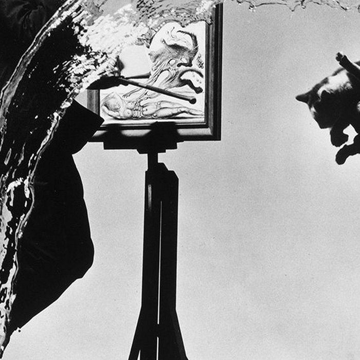 Dalí Atomicus, Salvador Dali painting with flying cats and water spurts surrealism / surrealist black and white photograph / photography by Philippe Halsman Coffee Mug Gallery Image 2