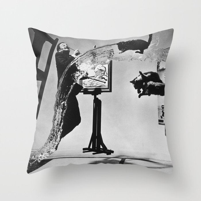 Dalí Atomicus, Salvador Dali painting with flying cats and water spurts surrealism / surrealist black and white photograph / photography by Philippe Halsman Throw Pillow Gallery Image 6