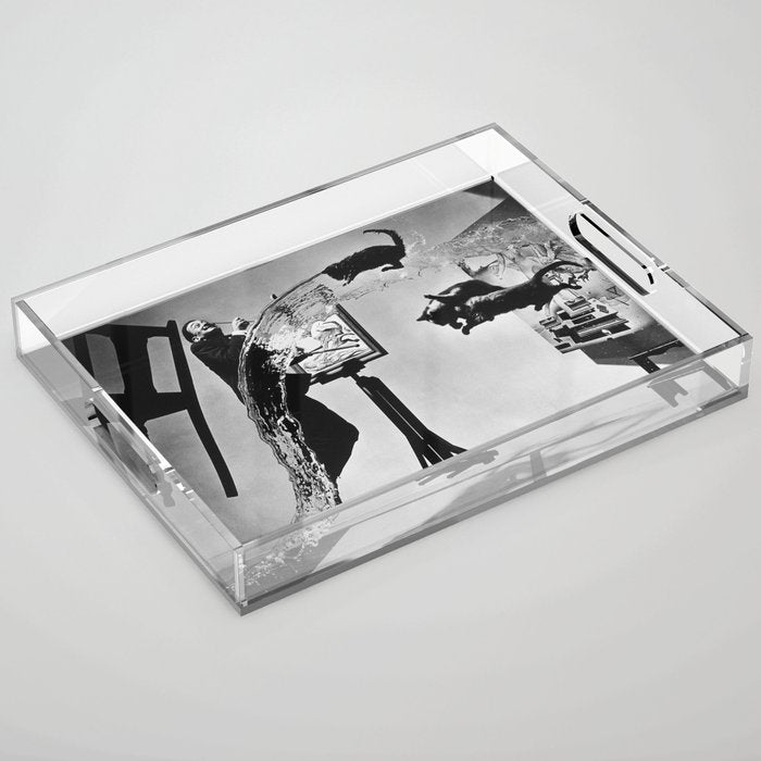 Dalí Atomicus, Salvador Dali painting with flying cats and water spurts surrealism / surrealist black and white photograph / photography by Philippe Halsman Acrylic Tray Gallery Image 1
