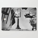 Dalí Atomicus, Salvador Dali painting with flying cats and water spurts surrealism / surrealist black and white photograph / photography by Philippe Halsman Cutting Board Gallery Image 1