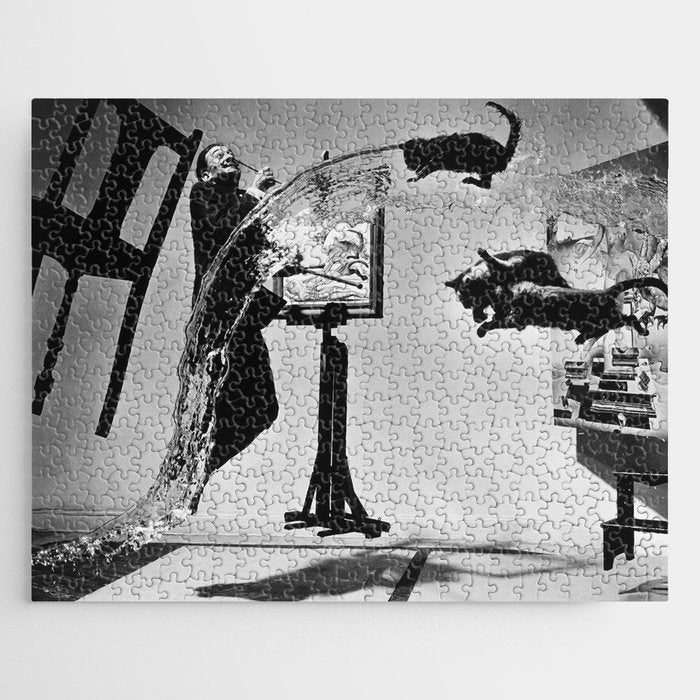 Dalí Atomicus, Salvador Dali painting with flying cats and water spurts surrealism / surrealist black and white photograph / photography by Philippe Halsman Jigsaw Puzzle Gallery Image 1