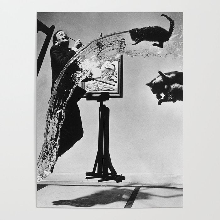 Dalí Atomicus, Salvador Dali painting with flying cats and water spurts surrealism / surrealist black and white photograph / photography by Philippe Halsman Poster Gallery Image 4