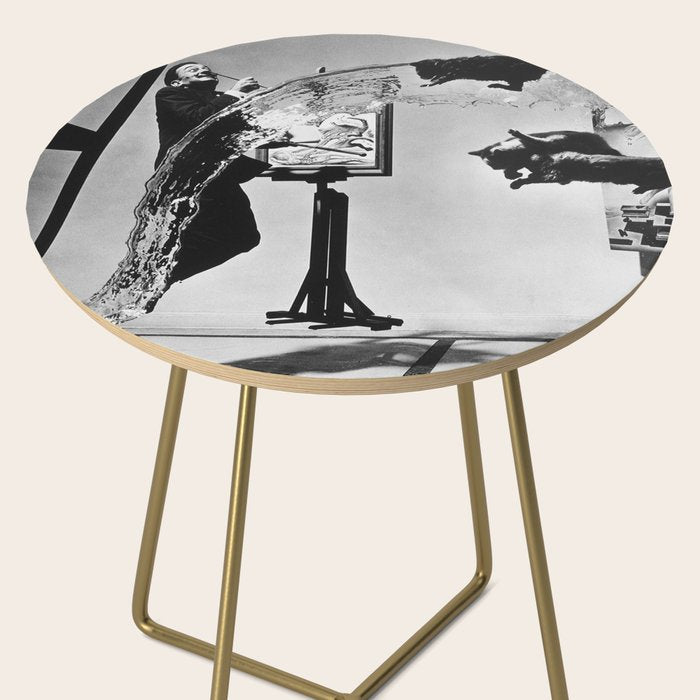 Dalí Atomicus, Salvador Dali painting with flying cats and water spurts surrealism / surrealist black and white photograph / photography by Philippe Halsman Side Table Gallery Image 2