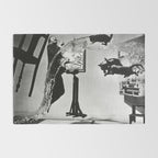 Dalí Atomicus, Salvador Dali painting with flying cats and water spurts surrealism / surrealist black and white photograph / photography by Philippe Halsman Rug Gallery Image 2