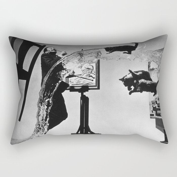 Dalí Atomicus, Salvador Dali painting with flying cats and water spurts surrealism / surrealist black and white photograph / photography by Philippe Halsman Rectangular Pillow Gallery Image 1