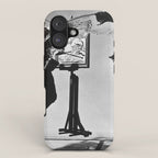 Dalí Atomicus, Salvador Dali painting with flying cats and water spurts surrealism / surrealist black and white photograph / photography by Philippe Halsman iPhone Case Gallery Image 1
