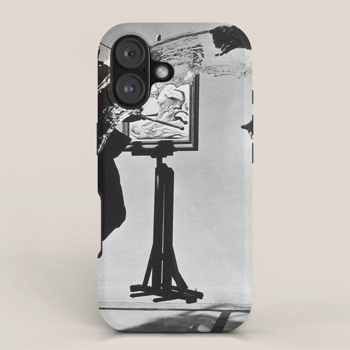 Dalí Atomicus, Salvador Dali painting with flying cats and water spurts surrealism / surrealist black and white photograph / photography by Philippe Halsman iPhone Case Gallery Image 1