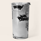 Dalí Atomicus, Salvador Dali painting with flying cats and water spurts surrealism / surrealist black and white photograph / photography by Philippe Halsman Travel Mug Gallery Image 2
