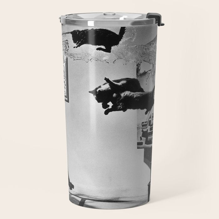 Dalí Atomicus, Salvador Dali painting with flying cats and water spurts surrealism / surrealist black and white photograph / photography by Philippe Halsman Travel Mug Gallery Image 2