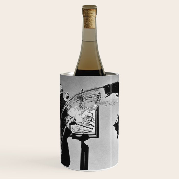 Dalí Atomicus, Salvador Dali painting with flying cats and water spurts surrealism / surrealist black and white photograph / photography by Philippe Halsman Wine Chiller Gallery Image 1